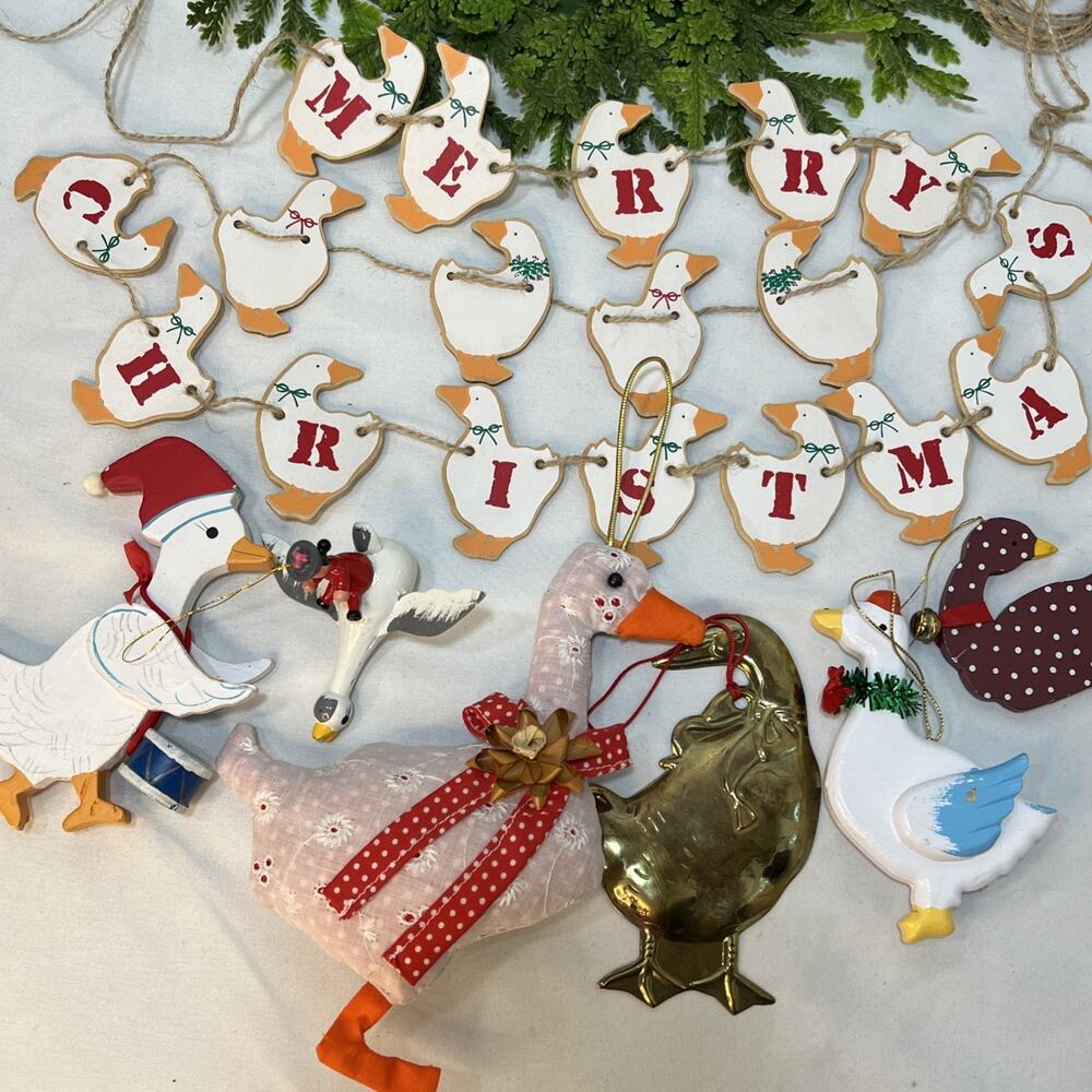 Vintage Lot of 6 Geese Ducks Country Christmas Ornaments 1 Garland Banner Goose